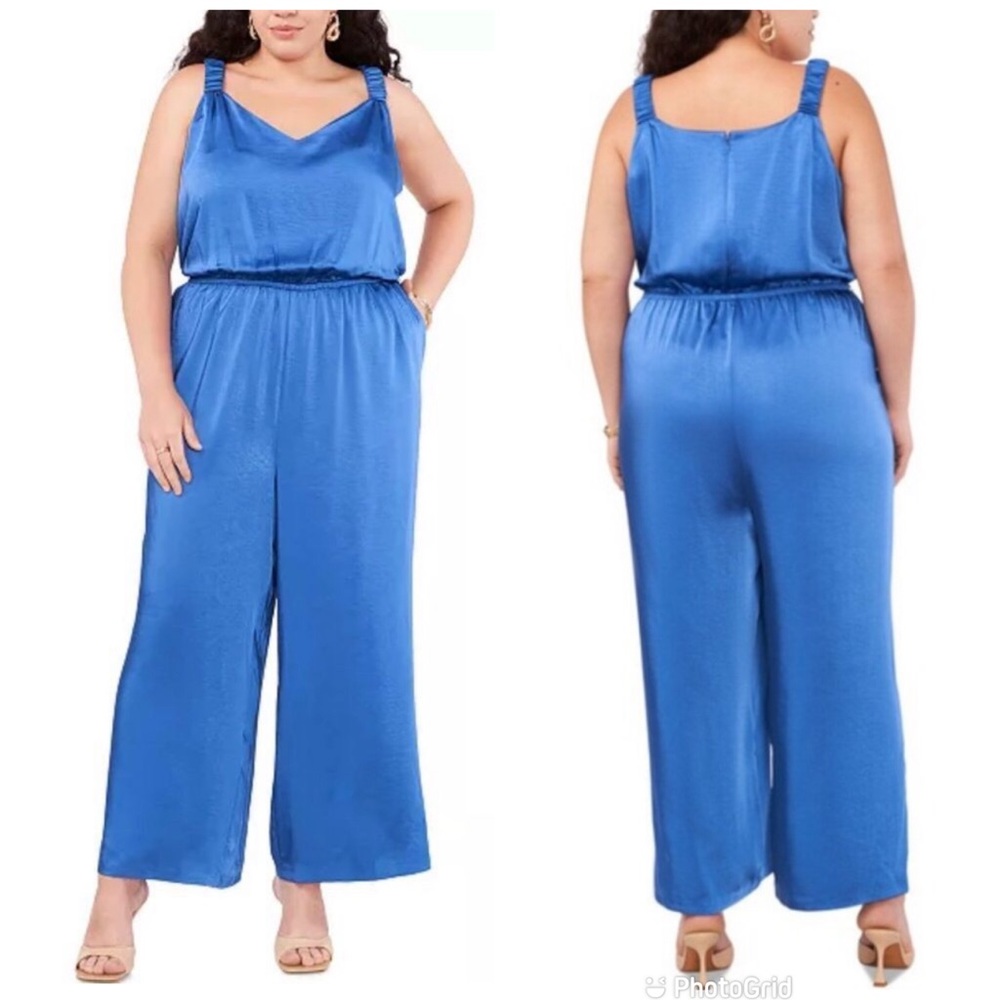 VINCE‎ CAMUTO Sleeveless Wide Leg Jumpsuit Blue Satin Size 24 24W Party Cocktail
